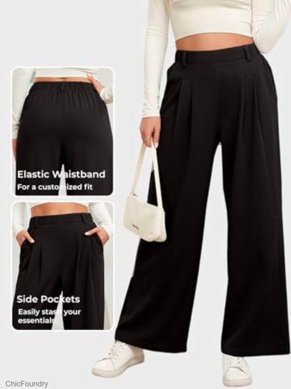Wide Leg Palazzo Pants High Waisted Waffle Knit Work Trousers Pockets - Picture 4 of 7